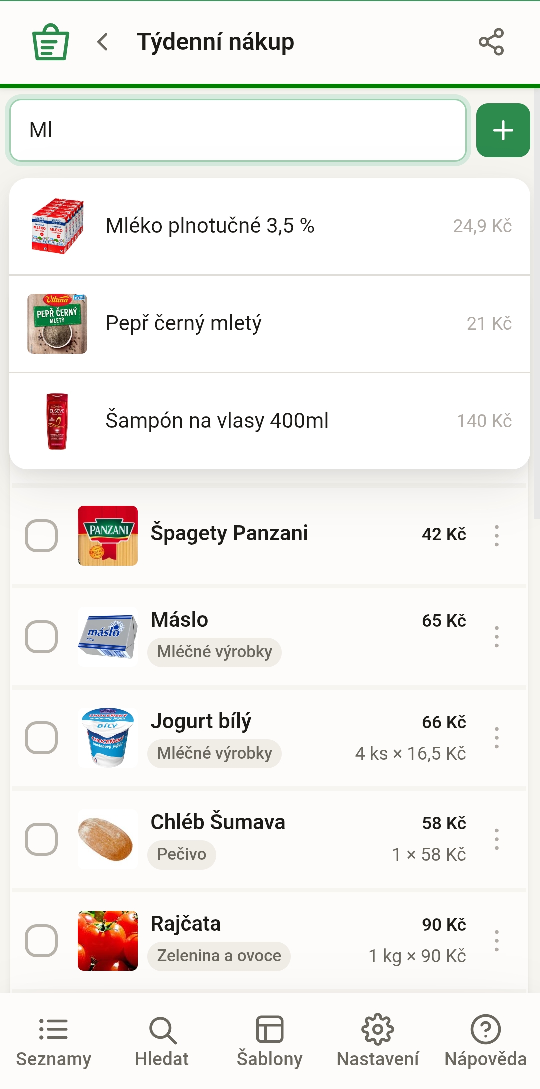Shopindex – rychlé přidávání položek do nákupního seznamu