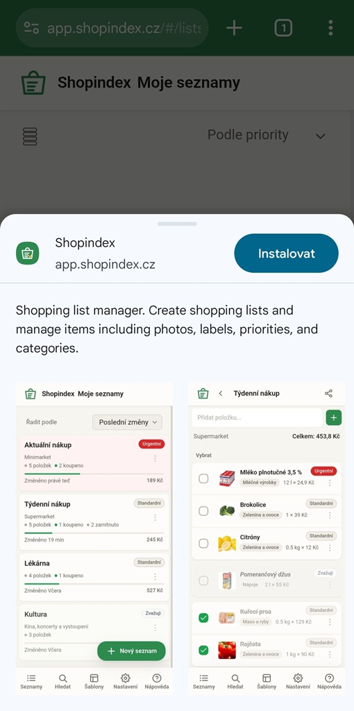 Shopindex – instalace aplikace nebo přidání na plochu zařízení