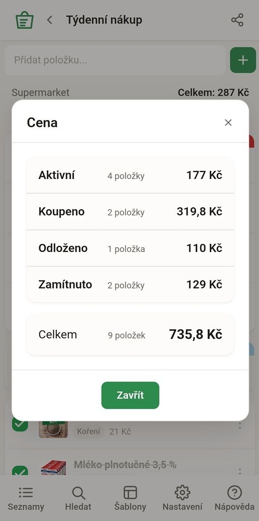 Shopindex – součet cen položek v seznamu