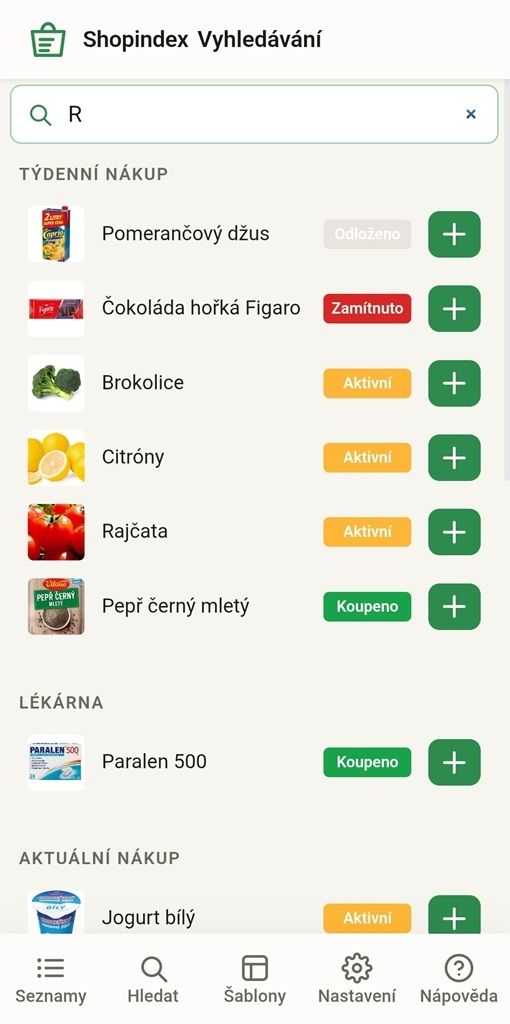 Shopindex – vyhledávání a historie položek